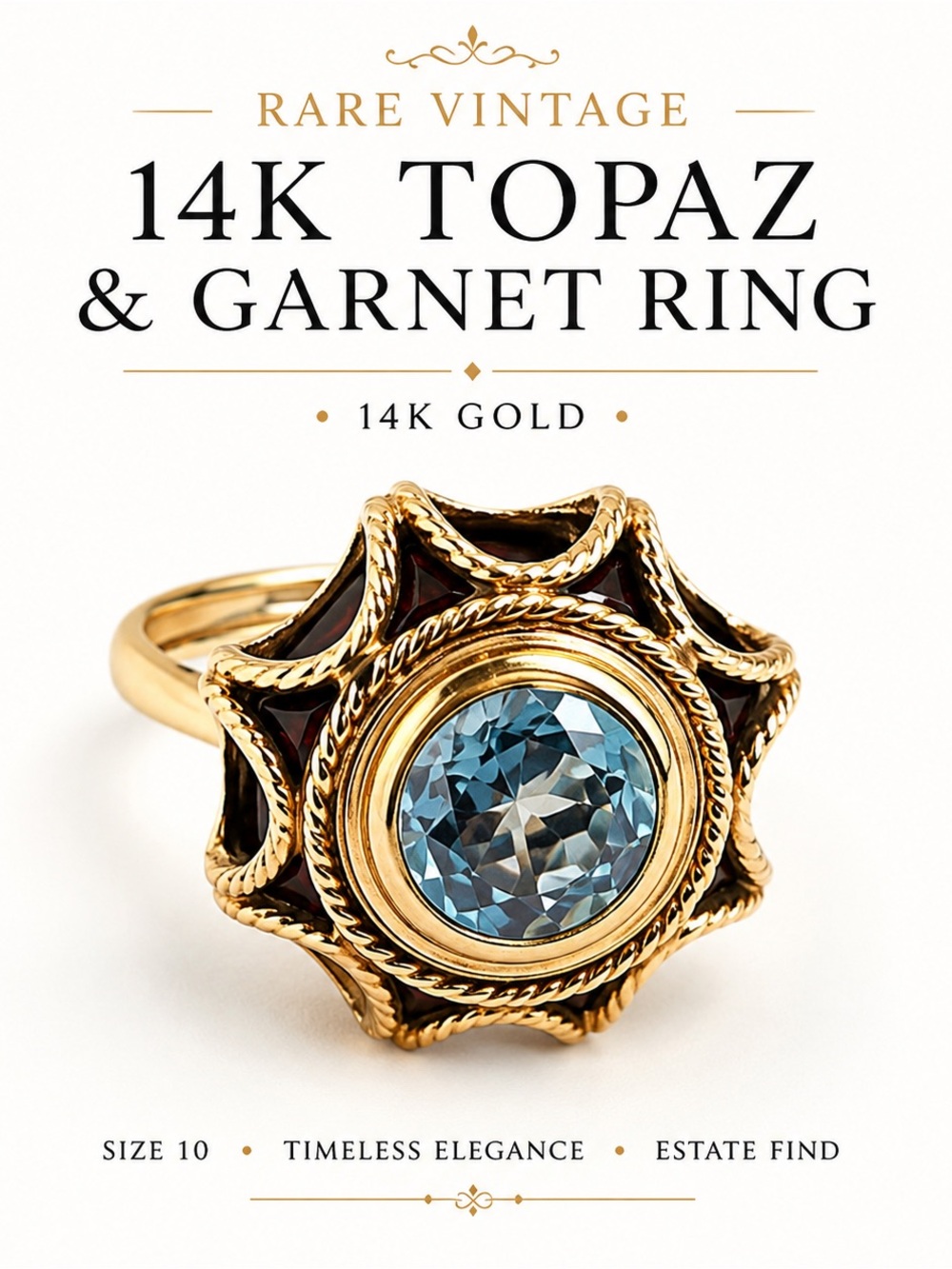 C430 Rare Vintage 14K Topaz and Garnet Ring sz 10